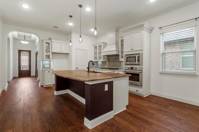 kitchen featuring a kitchen island with sink, custom range hood, appliances with stainless steel finishes, backsplash, and dark wood-type flooring