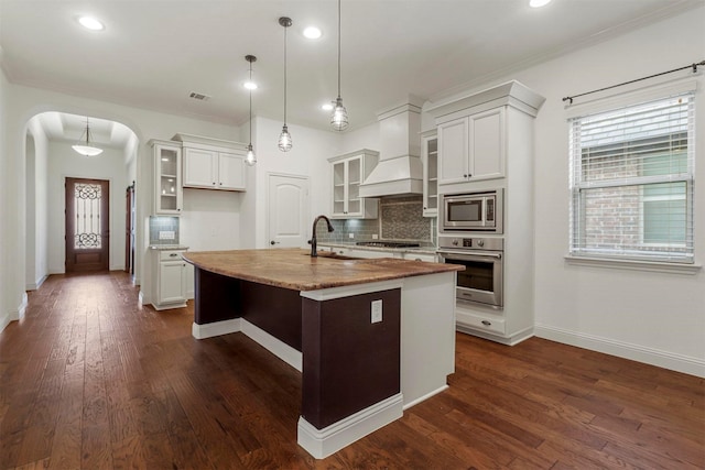 8604 Grassland Dr, Mckinney, TX 75070 - kitchen with visible vents, premium range hood, an island with sink, arched walkways, and stainless steel appliances