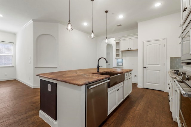 8604 Grassland Dr, Mckinney, TX 75070 - kitchen with visible vents, ornamental molding, a sink, white cabinets, and dishwasher