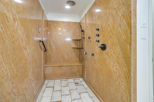 bathroom with tiled shower, tile patterned flooring, and ornamental molding