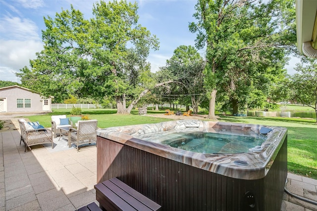 view of patio featuring a hot tub