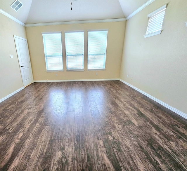 14229 Alis Ln, Frisco, TX 75035 - empty room with visible vents, dark wood-type flooring, baseboards, and vaulted ceiling