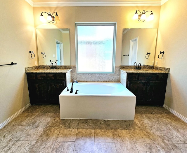 14229 Alis Ln, Frisco, TX 75035 - bathroom featuring two vanities, ornamental molding, and a sink
