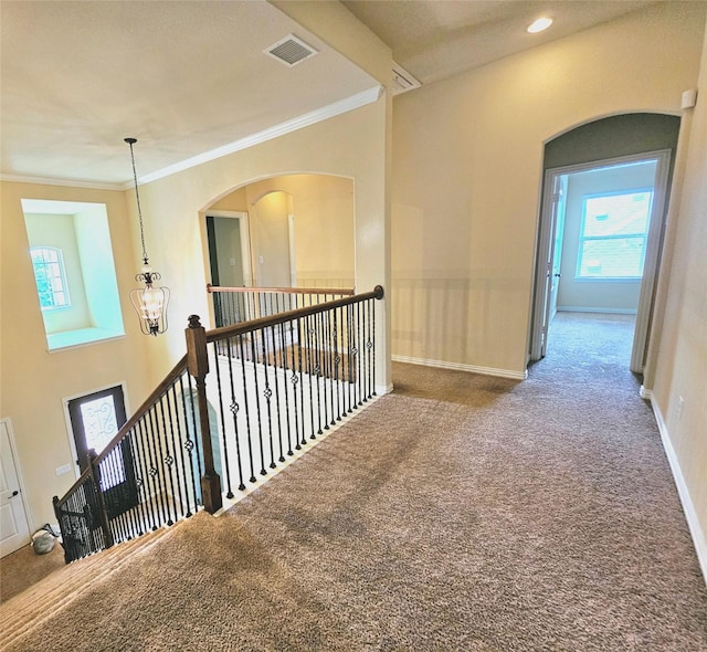 14229 Alis Ln, Frisco, TX 75035 - hall with visible vents, arched walkways, carpet flooring, crown molding, and baseboards