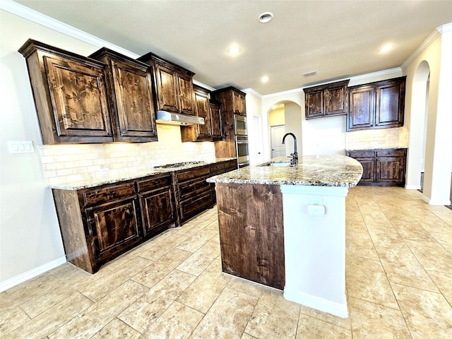 14229 Alis Ln, Frisco, TX 75035 - kitchen featuring backsplash, under cabinet range hood, arched walkways, stainless steel appliances, and a sink