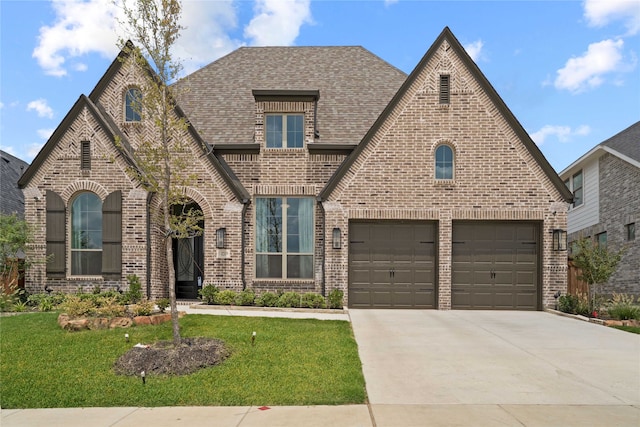 tudor house featuring a garage and a front yard