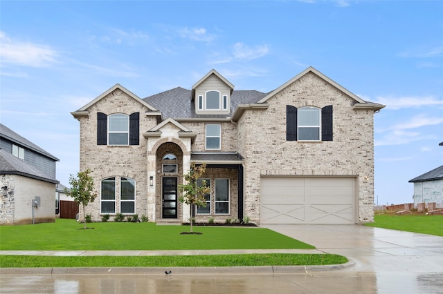 view of front of property with a garage and a front lawn