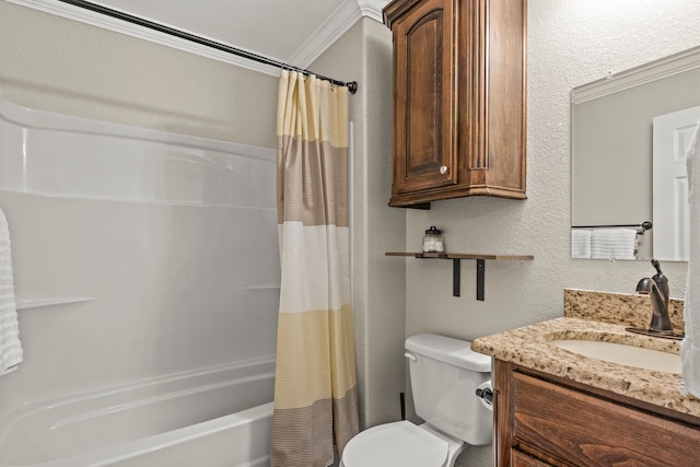 full bathroom featuring crown molding, shower / bathtub combination with curtain, toilet, and vanity