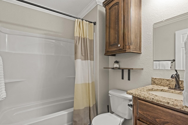 full bathroom with ornamental molding, vanity, toilet, and shower / tub combo