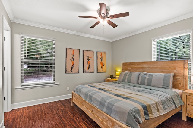 bedroom featuring ceiling fan, hardwood / wood-style flooring, and ornamental molding