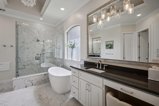 bathroom featuring ornamental molding, shower with separate bathtub, and vanity