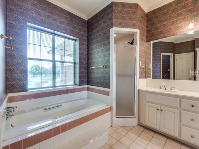 bathroom featuring a shower stall, wallpapered walls, and crown molding