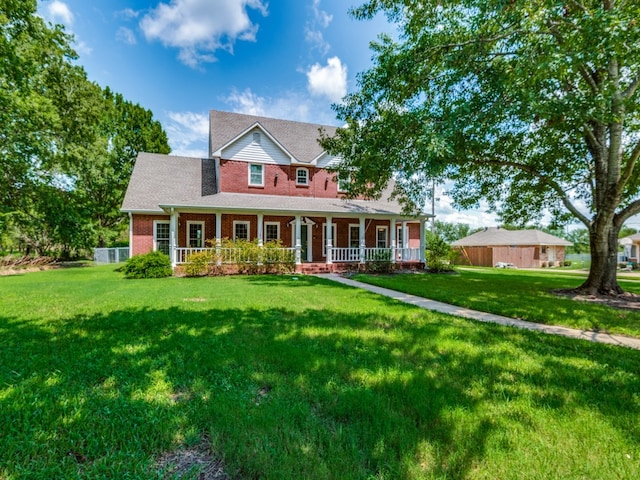 view of front of property featuring brick siding, covered porch, and a front yard