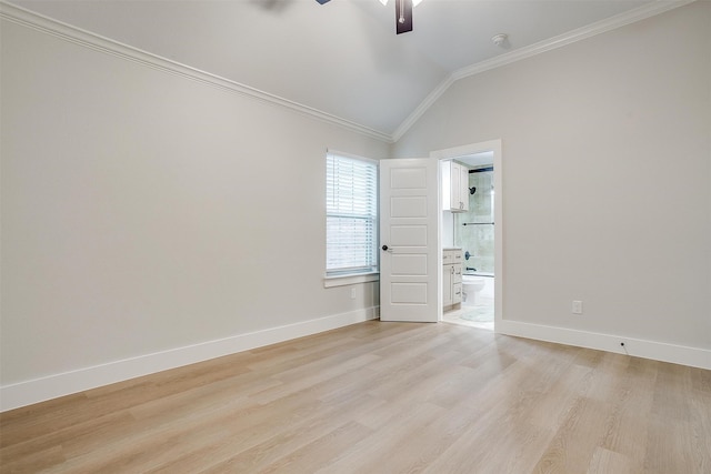 unfurnished room featuring ceiling fan, crown molding, light hardwood / wood-style flooring, and lofted ceiling