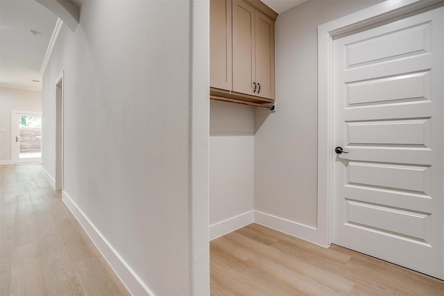 laundry area with ornamental molding and light hardwood / wood-style floors