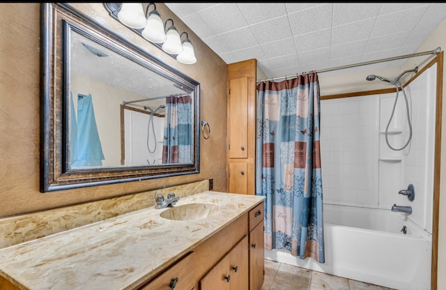 bathroom featuring shower / bath combination with curtain and vanity