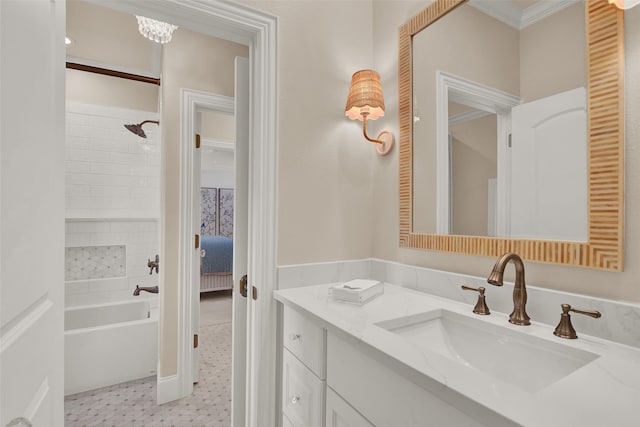 bathroom featuring vanity, tile patterned flooring, and crown molding