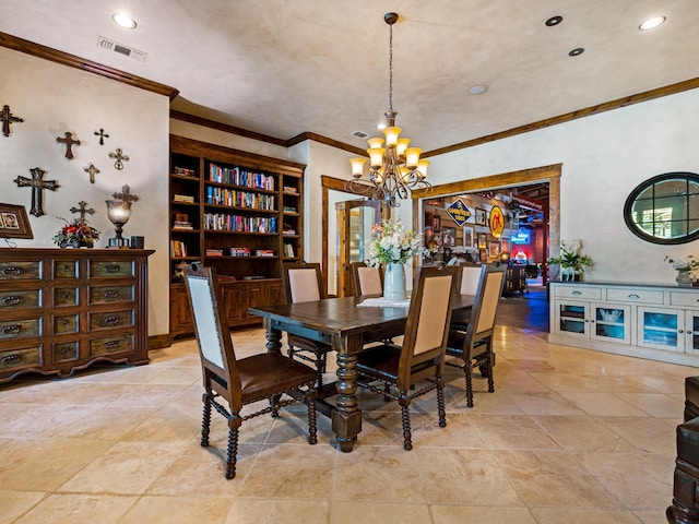 2115 Paradise Ranch Trl, Mckinney, TX 75071 - dining room featuring visible vents, recessed lighting, a chandelier, and ornamental molding