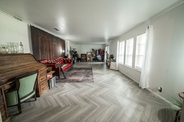 living room with light parquet flooring