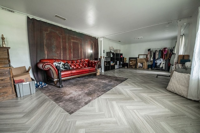 living room with light parquet flooring