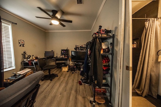 interior space featuring crown molding, ceiling fan, and wood-type flooring