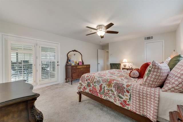 carpeted bedroom with access to outside and ceiling fan