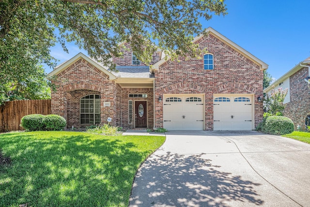 view of front of home with a front yard, fence, roof with shingles, concrete driveway, and brick siding