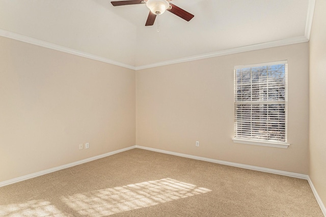 spare room with ceiling fan, baseboards, carpet floors, and ornamental molding