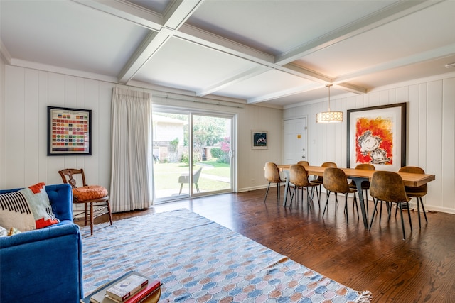 dining area featuring beam ceiling, coffered ceiling, and hardwood / wood-style floors