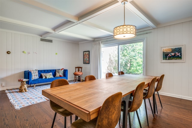 dining space with coffered ceiling, beam ceiling, and dark wood-type flooring