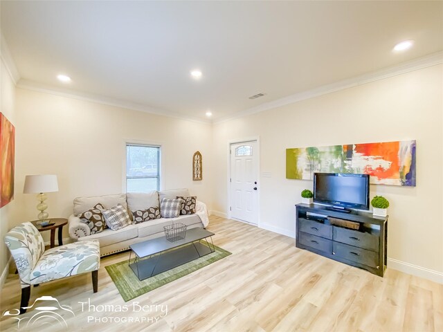 living room featuring crown molding and light hardwood / wood-style flooring