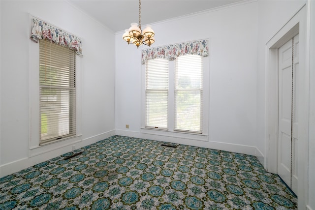 unfurnished dining area with carpet floors and a chandelier