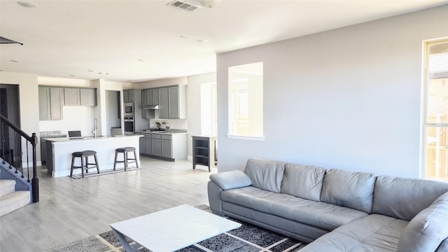 living room featuring sink and light hardwood / wood-style flooring