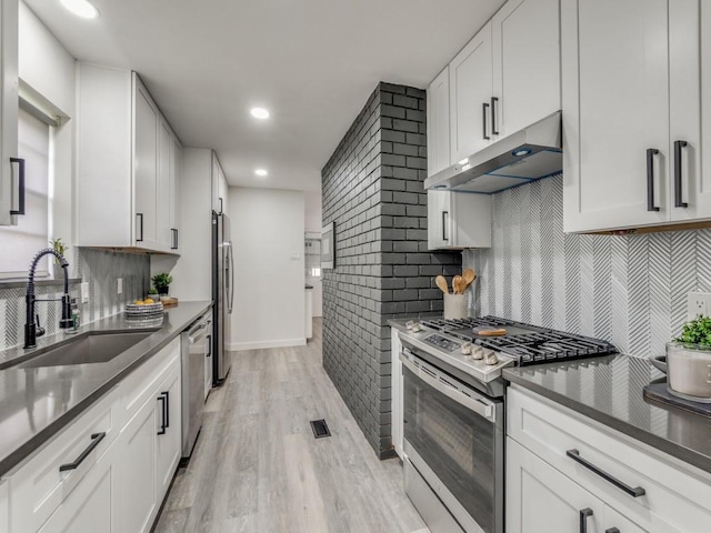 kitchen featuring white cabinets, under cabinet range hood, stainless steel appliances, and a sink