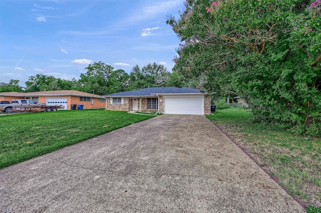 ranch-style house with a front yard and a garage