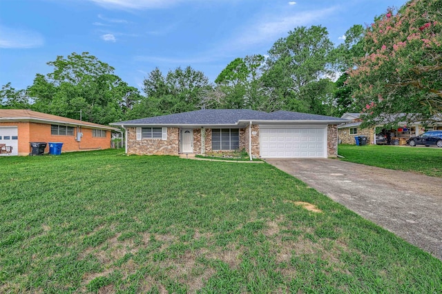 single story home with a garage and a front yard