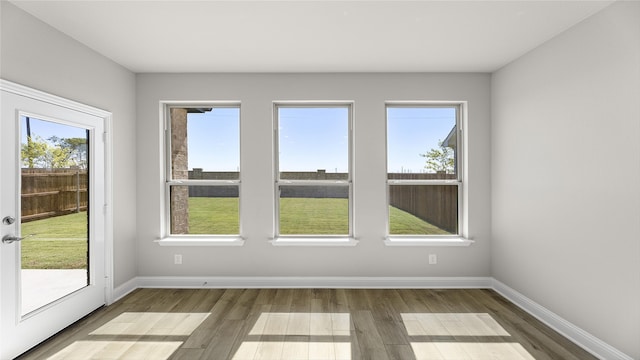 spare room with plenty of natural light, baseboards, and wood finished floors