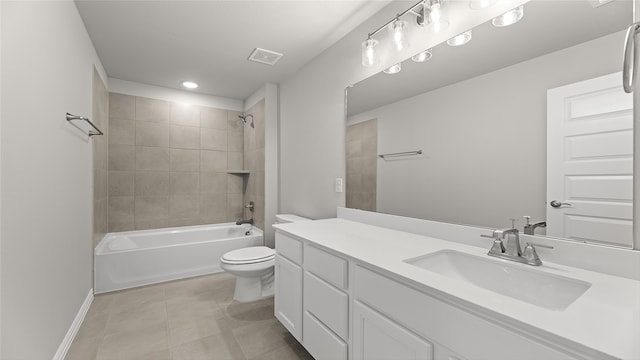 full bathroom featuring vanity, visible vents, toilet, shower / bath combination, and tile patterned floors