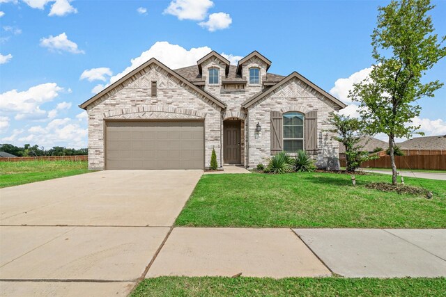 view of front of property featuring a garage and a front lawn