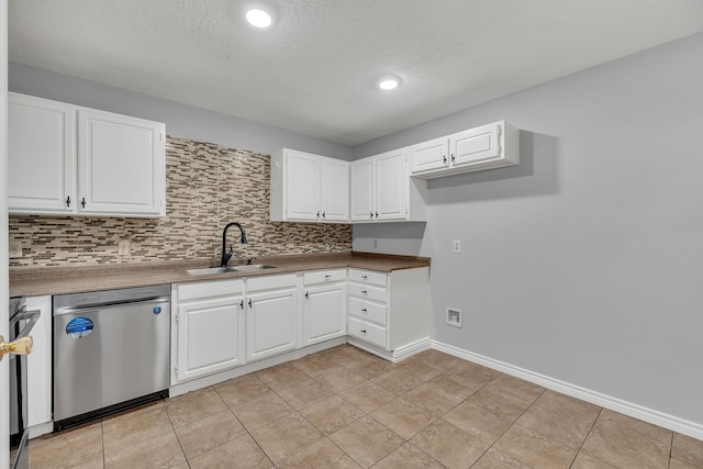 kitchen featuring light tile patterned flooring, sink, dishwasher, and white cabinetry