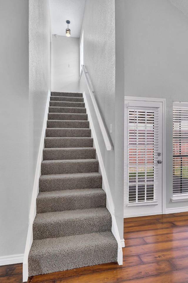 stairway with hardwood / wood-style flooring