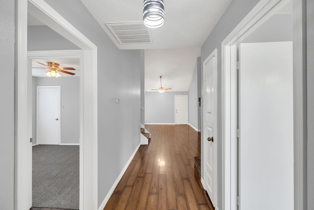 corridor with carpet floors and a textured ceiling