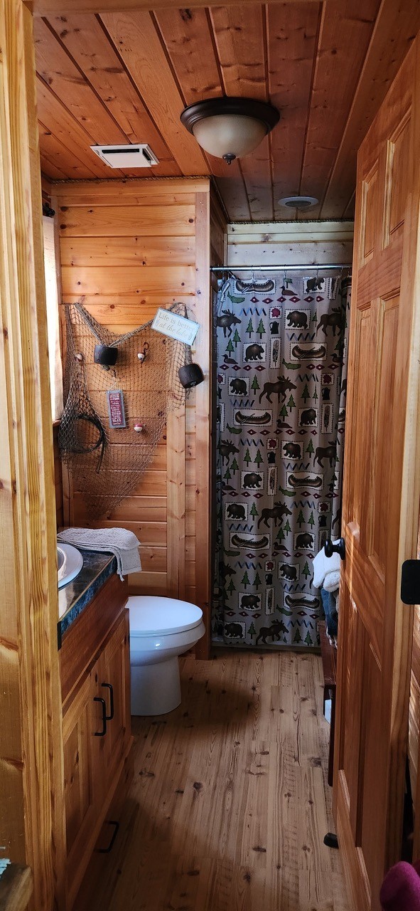 bathroom featuring wooden walls, toilet, vanity, wooden ceiling, and wood-type flooring