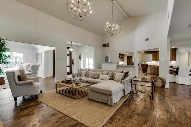 living room with beam ceiling, dark wood-type flooring, high vaulted ceiling, and plenty of natural light