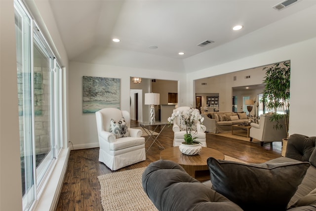 living room with dark hardwood / wood-style floors