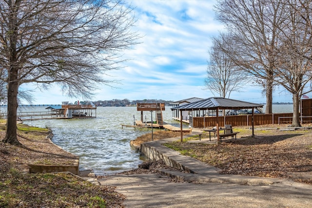 dock area featuring a water view and a gazebo