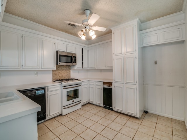 kitchen featuring ornamental molding, black dishwasher, white range with gas cooktop, and ceiling fan