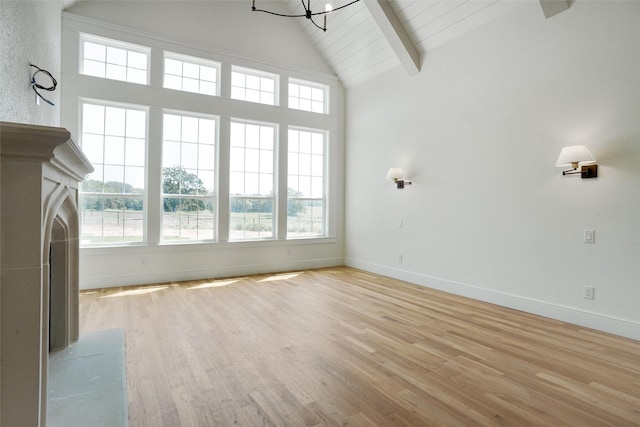 unfurnished living room featuring wooden ceiling, lofted ceiling with beams, a chandelier, and light wood-type flooring