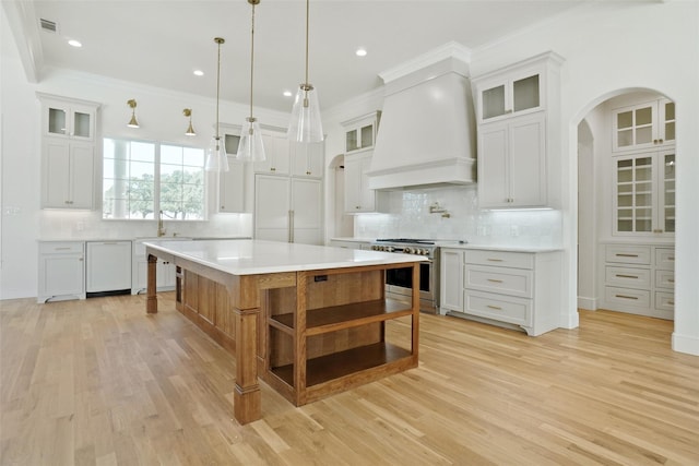 kitchen featuring high end range, a spacious island, white cabinetry, light hardwood / wood-style flooring, and custom range hood