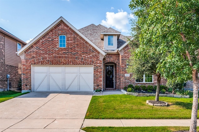 view of front of property with a garage and a front lawn